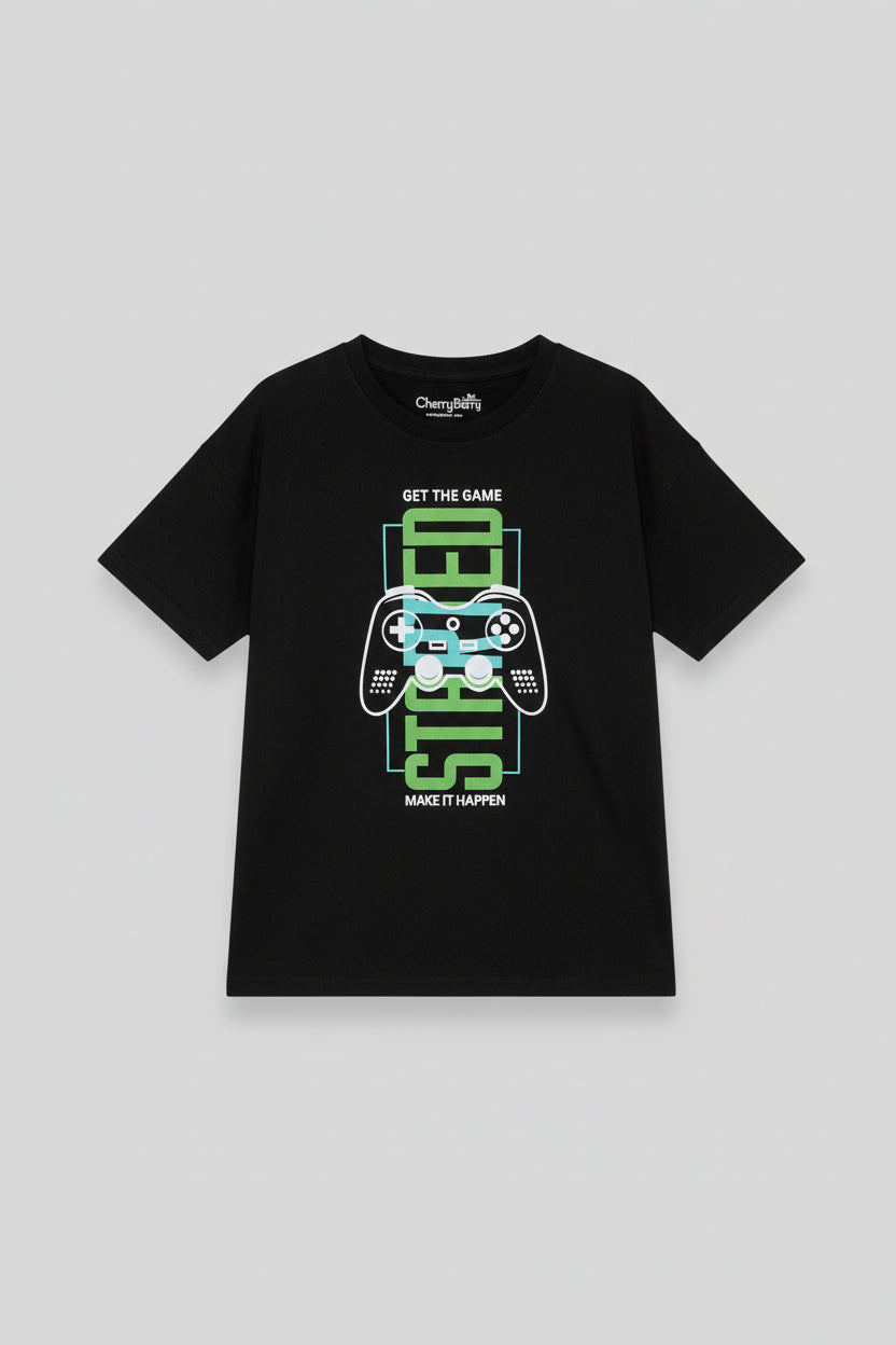 Boys' oversized t-shirt with allover game print and loose fit