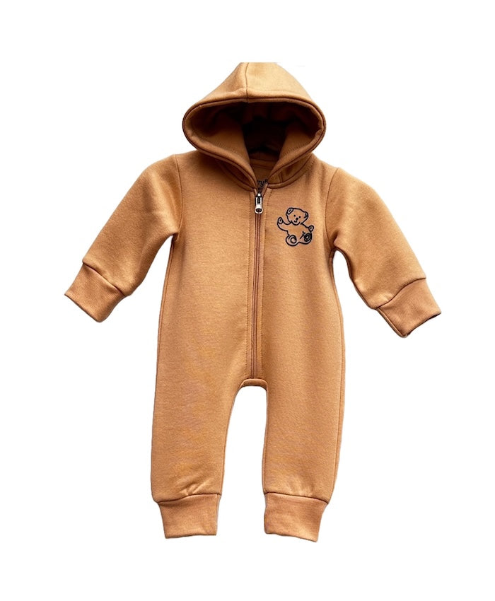 Soft fleece baby romper by CherryBerry with a full hood, long sleeves, and front zip closure, designed for warmth and comfort during colder weather
