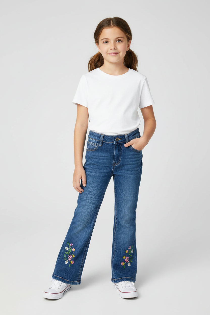 Embroidered girl flower Jean