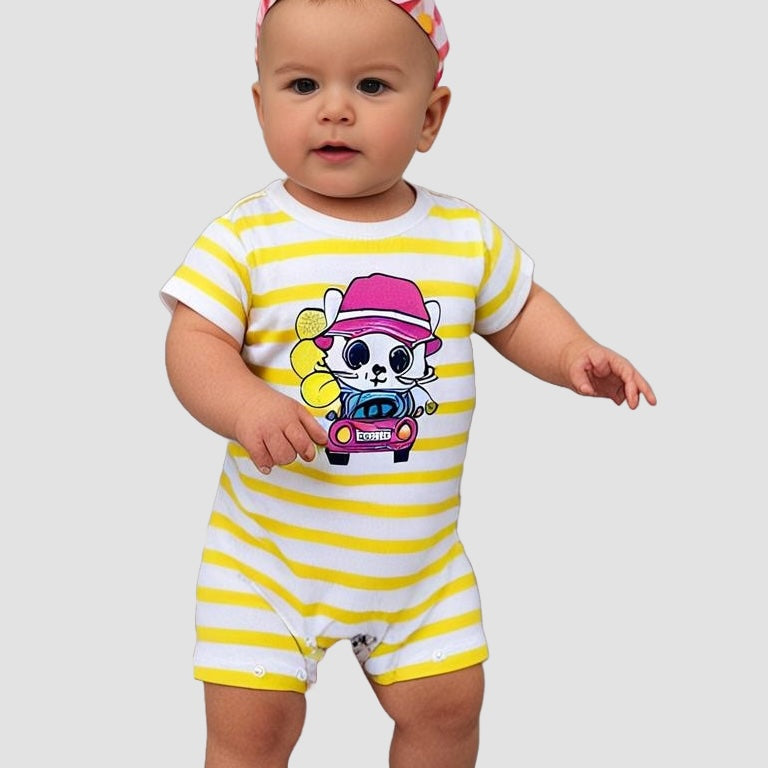 Fashionable baby romper featuring colorful stripes and a cute front print for everyday comfort