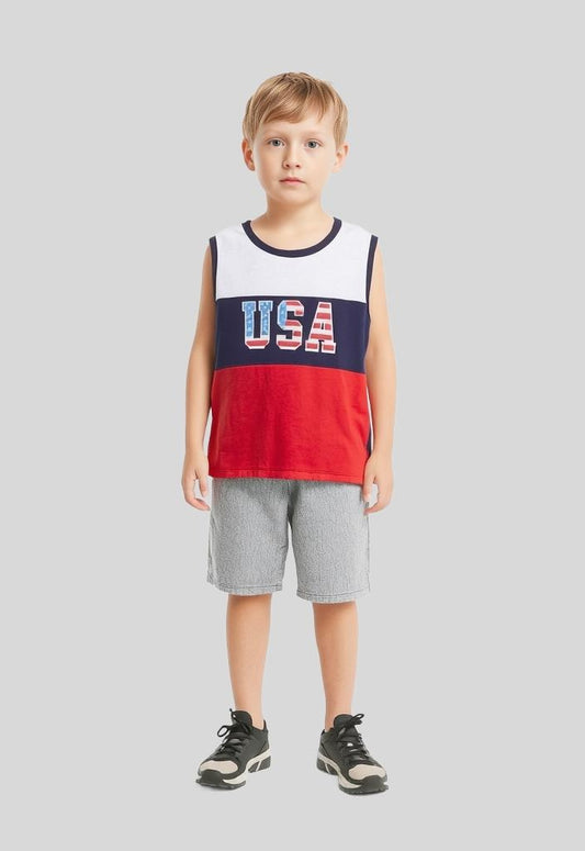 Front view of boys' panel tank top with USA flag print, featuring contrast side panels and a sleeveless design, perfect for summer and casual patriotic wear