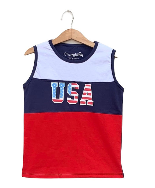 Front view of boys' panel tank top with USA flag print, featuring contrast side panels and a sleeveless design, perfect for summer and casual patriotic wear
