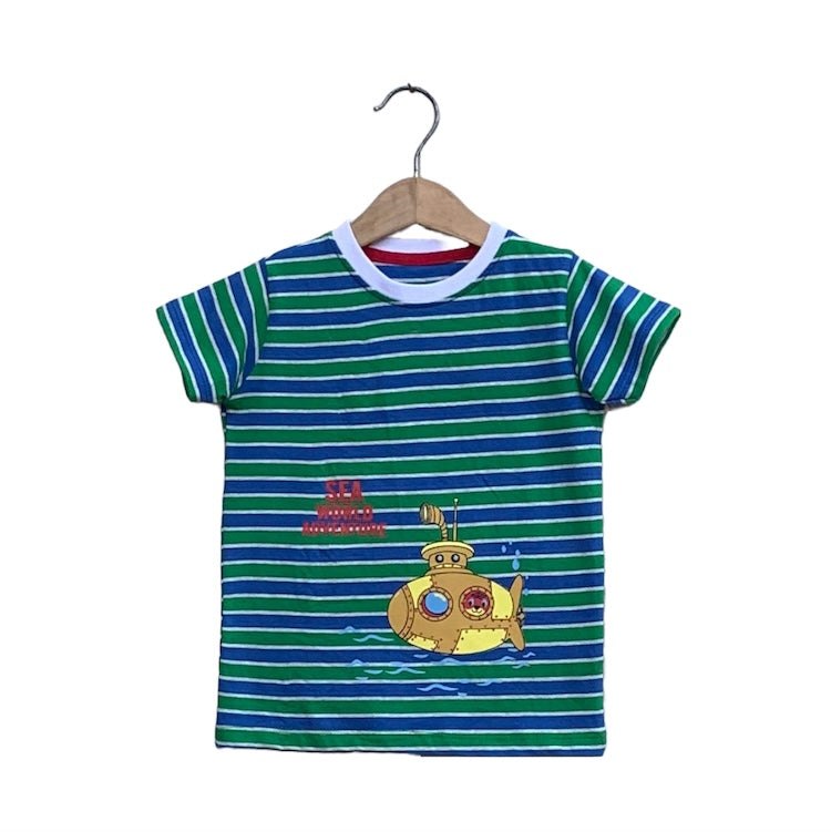 Infant baby boys’ short sleeve cotton t-shirt with horizontal stripes and a playful cartoon graphic on the front, made for gentle wear and easy movement