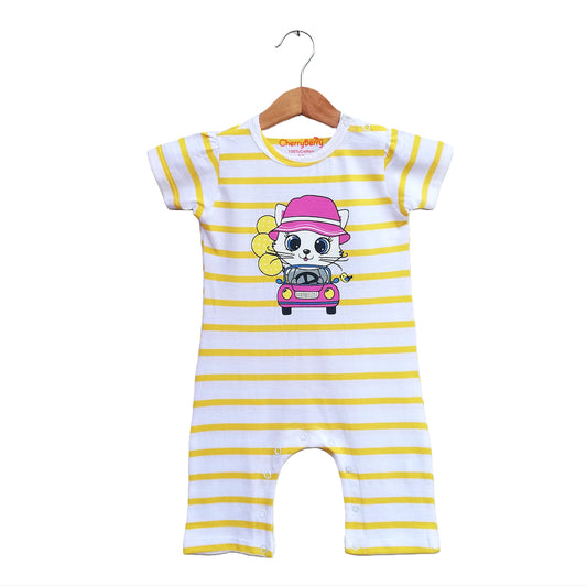 Fashionable baby romper featuring colorful stripes and a cute front print for everyday comfort