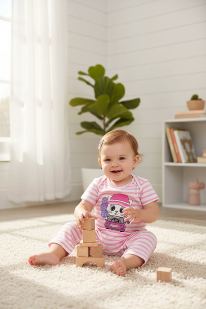 Baby romper with horizontal stripes and an adorable front print, designed with short sleeves, snap buttons, and soft breathable fabric for easy dressing and all-day comfort