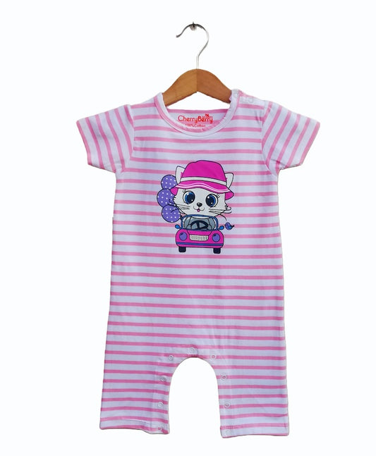 Baby romper with horizontal stripes and an adorable front print, designed with short sleeves, snap buttons, and soft breathable fabric for easy dressing and all-day comfort