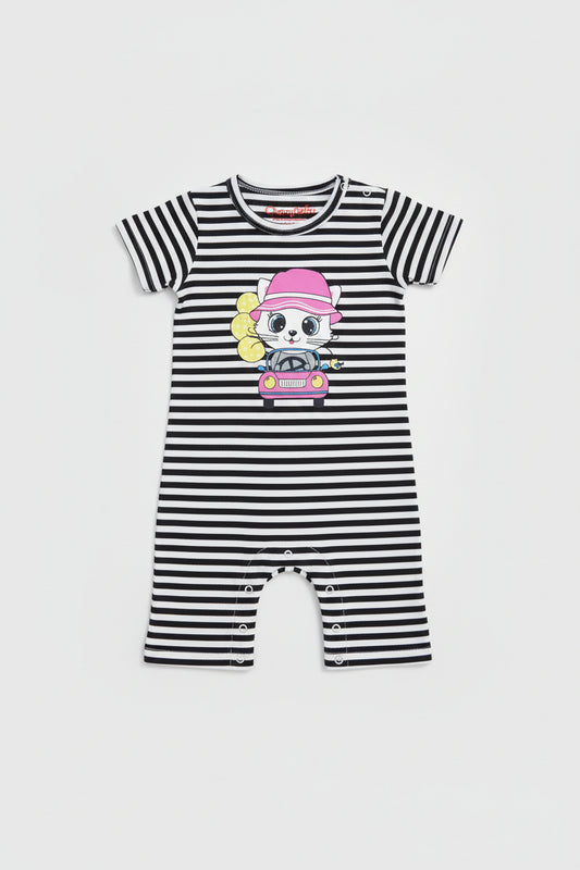 Fashionable baby romper featuring colorful stripes and a cute front print for everyday comfort