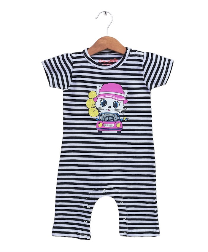 Fashionable baby romper featuring colorful stripes and a cute front print for everyday comfort