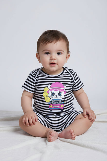 Fashionable baby romper featuring colorful stripes and a cute front print for everyday comfort