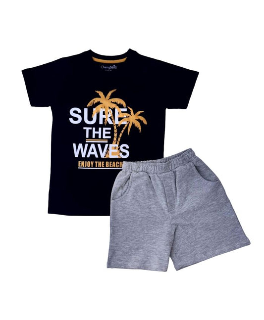 Cool boys’ cotton t-shirt and grey shorts set featuring a bold "Surf the Waves" graphic, perfect for summer style