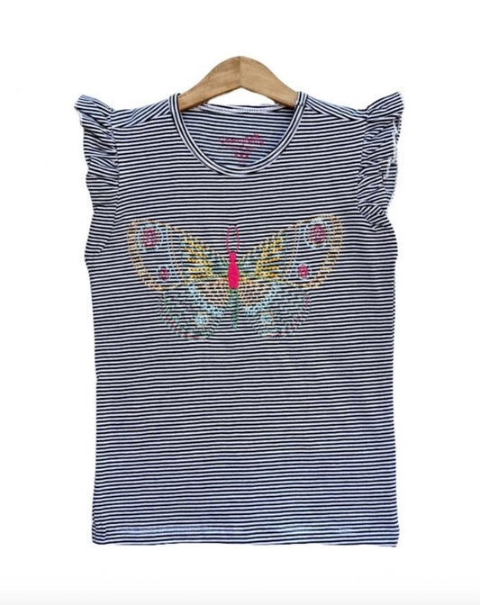 Girls Butterfly embroidery striped T-shirt