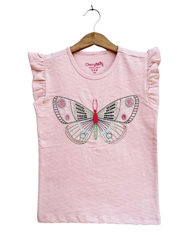 Girls embroidery pink striped T-shirt