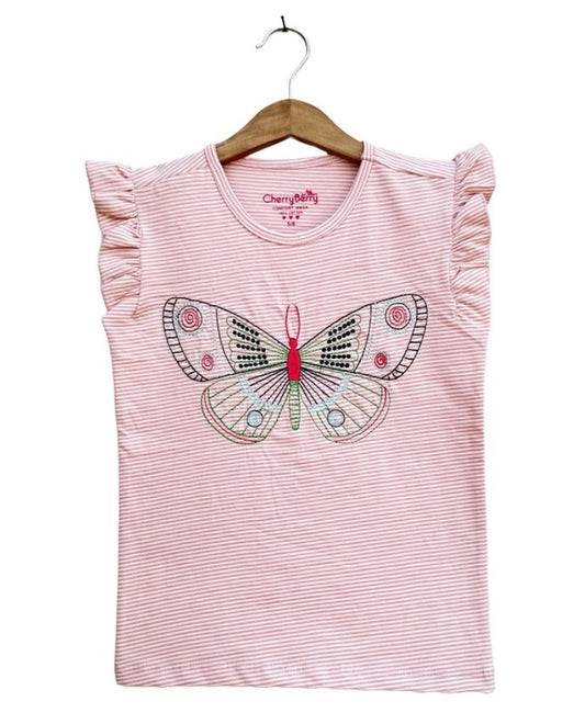 Girls embroidery pink striped T-shirt