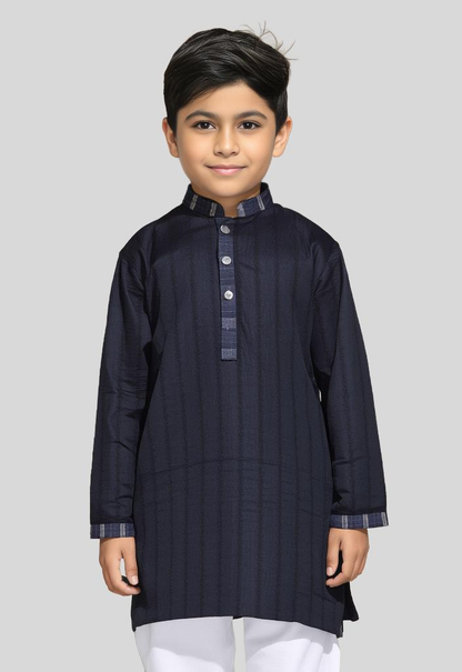 Boys' traditional Eastern black kurta featuring a straight cut, long sleeves, and a round neckline with button placket, ideal for cultural and festive wear