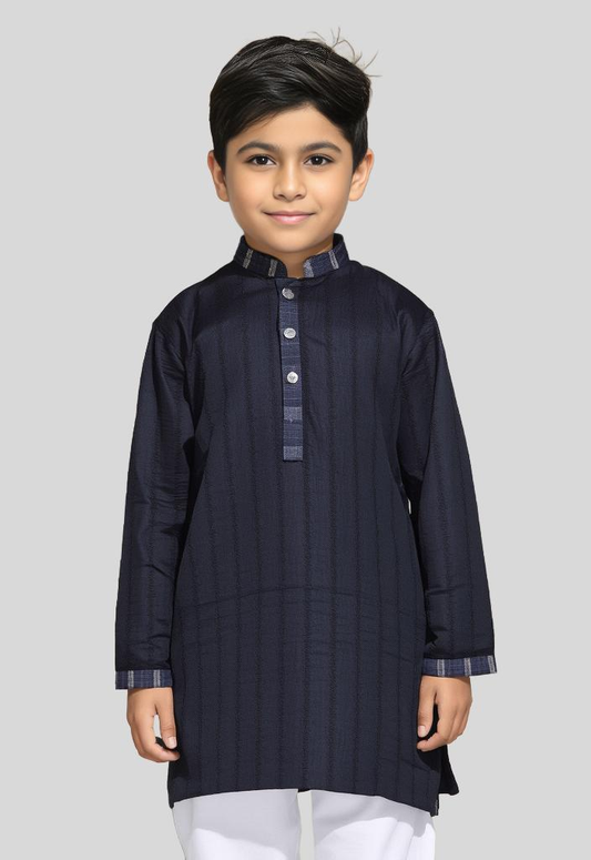 Boys' traditional Eastern black kurta featuring a straight cut, long sleeves, and a round neckline with button placket, ideal for cultural and festive wear