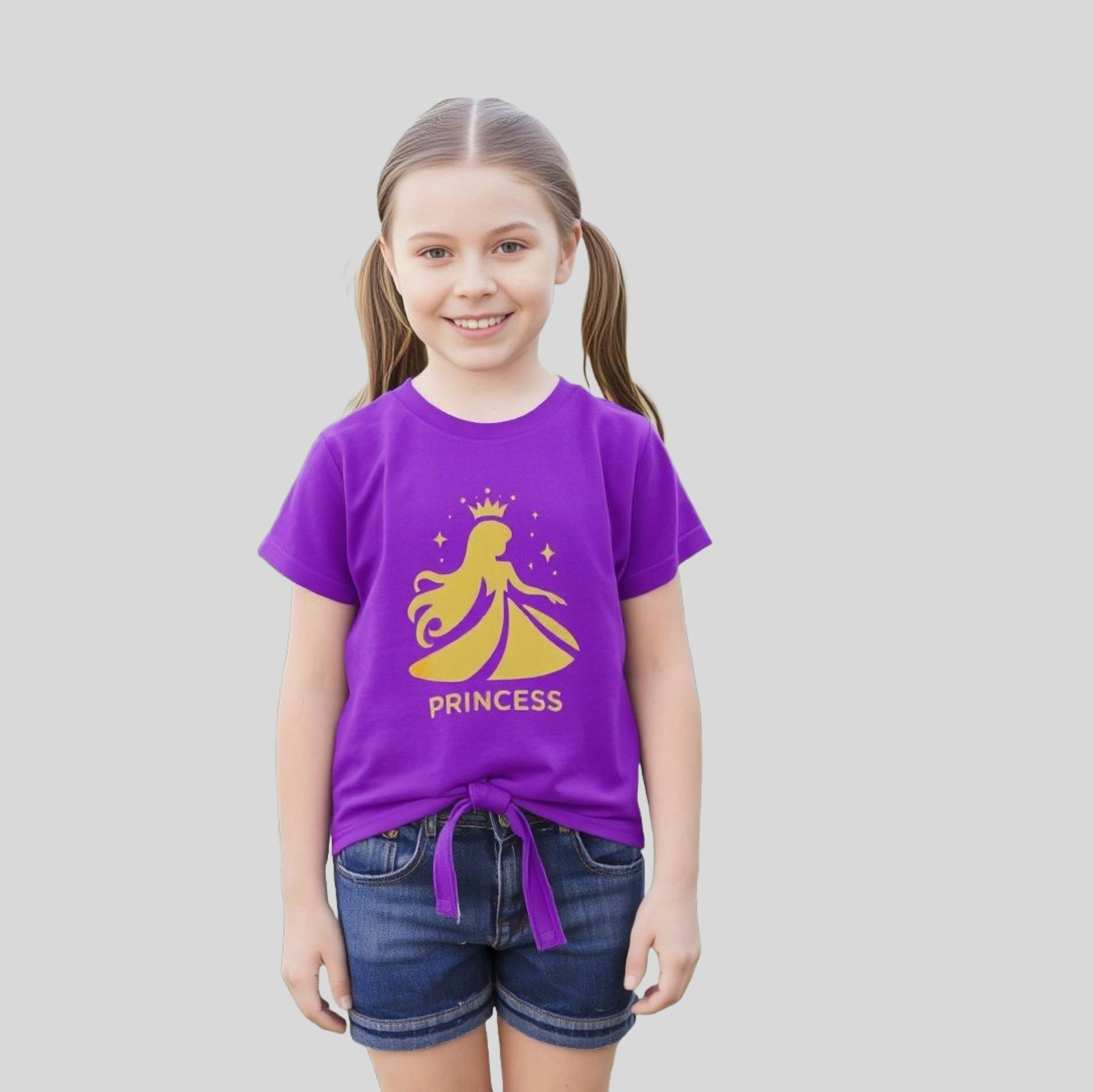 Girls' short sleeve t-shirt featuring a front knot detail and "Fashion Queen" printed text on the chest, combining comfort with fashion flair