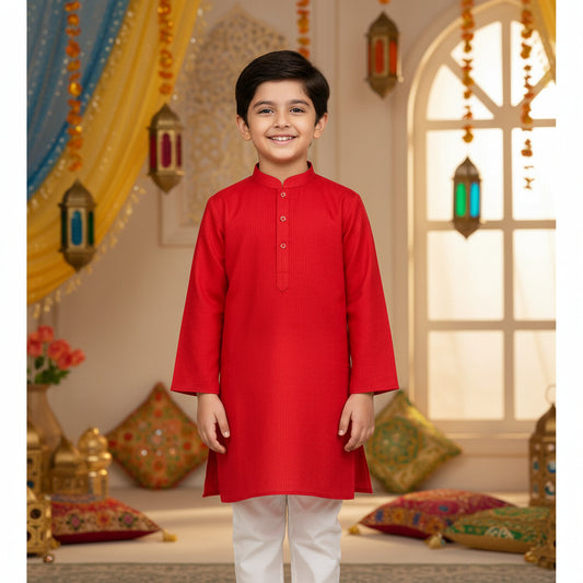 Boys red jacquard Kurta