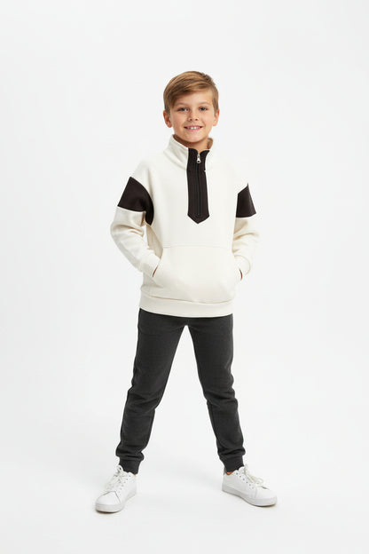 White and black color-blocked sweatshirt on a hanger against a white background
