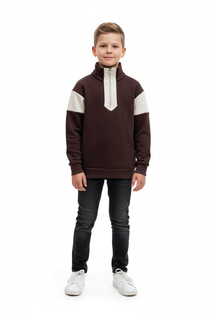 Brown and white color-blocked sweatshirt on a hanger with a white background