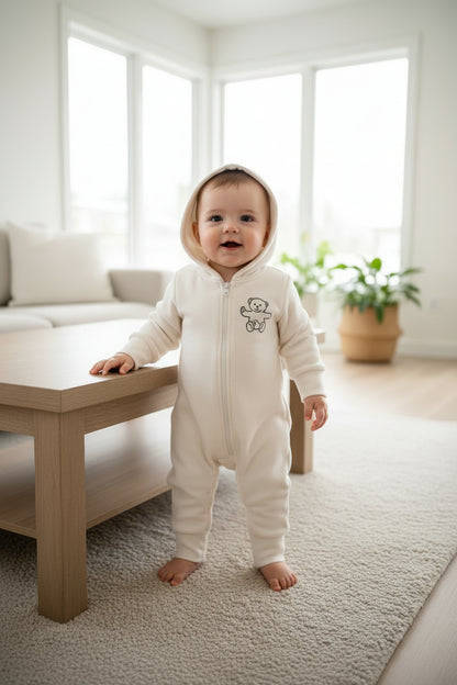 Warm and cozy CherryBerry baby fleece romper featuring a full hood and front zipper, perfect for chilly days