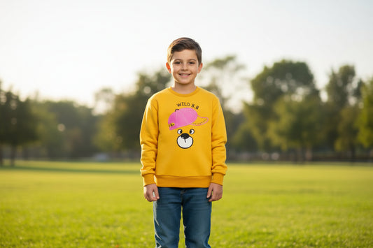 Yellow sweatshirt with cartoon bear design and text on a white background