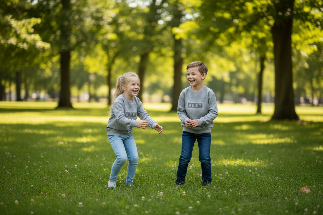 Gray sweatshirt with 'BEST' print on a white background