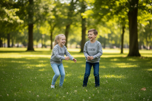 Gray sweatshirt with 'BEST' print on a white background
