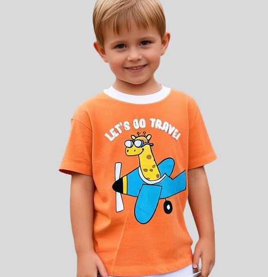 Comfortable boys’ cotton t-shirt featuring a fun "Let’s Go Travel" graphic, perfect for everyday adventure wear
